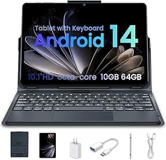 Tablet, Android 14 tablet 64 GB + 10 (4+6 extensions) GB 512 GB, octa-core WiFi tablet, 8000 mAh battery, 10.1 inch tablet with 800 MP camera, tablet with keyboard case,