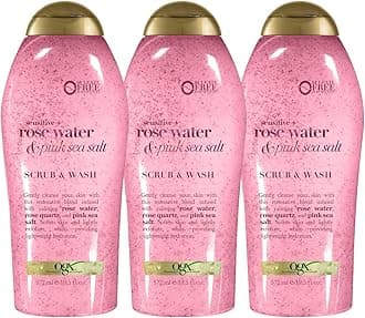 OGX Sensitive + Pink Sea Salt & Rosewater Sulfate-Free Soothing Body Scrub with Healing Rose Quartz, Gentle Exfoliating Daily Body Wash to Soften & Smooth Skin, 19.5 Fl Oz (pack of 3)