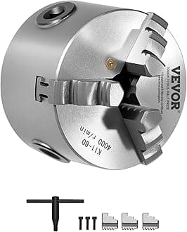 VEVOR 3-Jaw Lathe Chuck, 3 Inch (80 mm), Self-Centering Chuck, 0.08-2.48 in (2-63 mm) Clamping Range with T-key Fixing Screws Reversible Jaws, HT300 Material, Internal External for Wood Metal Lathe