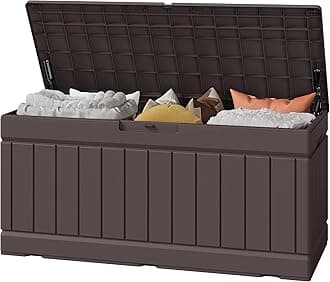 Greesum Outdoor Storage Box 82 Gallon Storage Bin with Lid for Patio Furniture, Garden Tools, Pool Supplies, Waterproof and UV Resistant, Lockable, Dark Brown