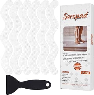 Secopad Anti Slip Shower Stickers, Adhesive Decals Safety Strips with Scraper for Bath Tub, Shower Floor, Stairs, 24 Pieces (White)