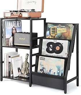Bikoney Record Player Stand, Turntable Stand with 3-Tier Vinyl Record Storage, Record Player Table Up to 200 Albums, End Table for Records, Vinyl Record Holder