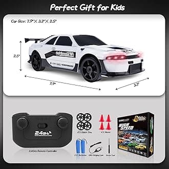 RC Drift Car, 1/24 2.4GHz Remote Control Car 4WD High Speed Drifting RC Cars with LED Light, Two Rechargeable Batteries and Drift Tires for Kids Boys Girls and Adults, White