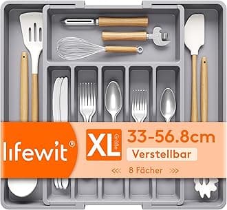 Lifewit Silverware Drawer Organizer, Expandable Utensil Tray for Kitchen, BPA Free Flatware and Cutlery Holder, Adjustable Plastic Storage for Spoons Forks Knives, 33 -57 x 42cm, Gray
