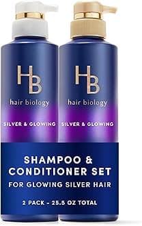 Hair Biology Biotin-Infused Purple Shampoo and Conditioner Set for Grey Hair, Anti-Brassiness, Moisturizing, Color-Safe, Silver & Glowing, Corrects Yellow Tones, 12.8 Fl Oz Each, 2 Pack