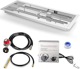 GRISUN Drop-in Fire Pit Kit 36 x 12 Inch, H-Shape Burner with Pan, Upgraded Spark Ignition for Gas Fire Pit Table Insert, Stainless Steel for Indoor/Outdoor Decoration