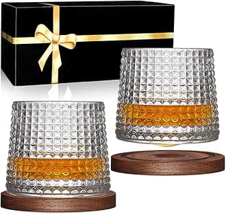 Whiskey Glasses Set of 2, Rotatable Tumbler Crystal Glass Cups, Drinking Glasses with 2Pcs Creative Walnut Coasters and Gift Box - for Scotch,Bourbon,Cocktails