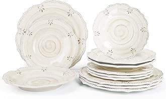 Dinnerware Sets 12 pcs Plates and Bowls Sets Melamine Plates Indoor and Outdoor use French Court Style Dish Set Plate Set for 4 Dishwasher Safe（White）