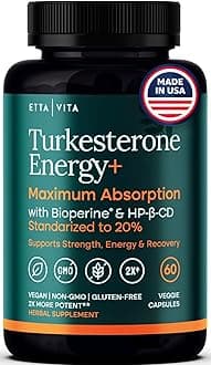 Potent Turkesterone Supplement, 2X Pure (Made in USA - 3rd Party Tested) Most Bioavailable and Natural Test Support Supplement, Supports Energy Lean Muscle Health, Recovery and Stamina, Vegan (60ct)