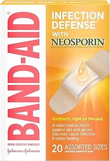 Band-Aid Brand Adhesive Bandages Infection Defense with Neosporin Antibiotic Ointment, Pack of Assorted Sizes, for Wound Care and First Aid, 20 ct