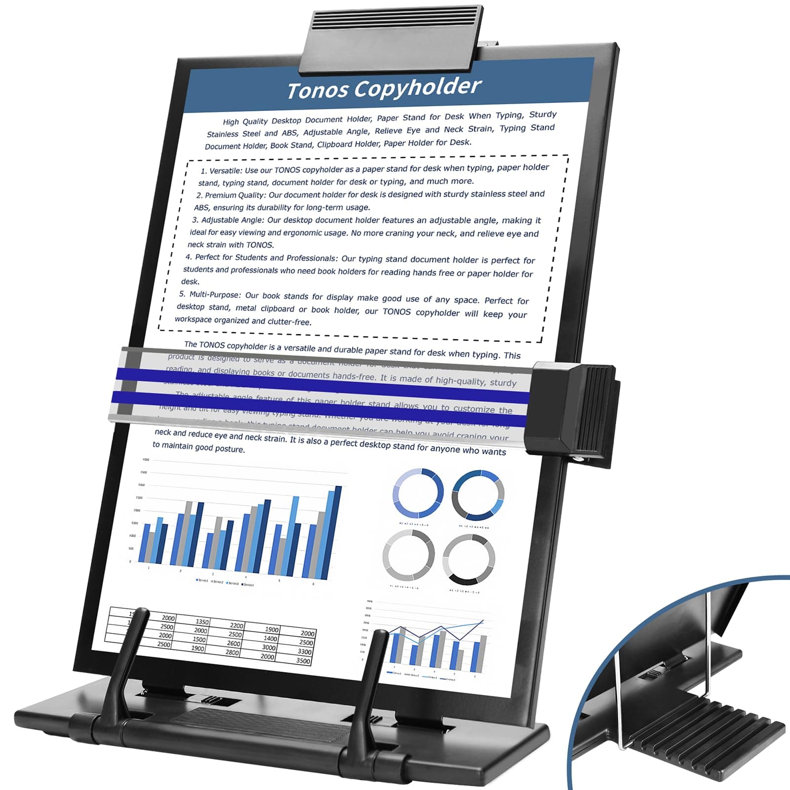 TONOS Paper Stand Document Holder - Quality Document Holder for Desk, Paper Stand for Desk When Typing, Sturdy Stainless Steel Copy Holder, Adjustable Angle, Paper Holder Stand for Desk Typing