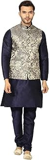 Uri and MacKenzie Men's Silk Blend Regular Kurta Churidar Pyjama with Bundi Nehru Jacket/Waistcoat