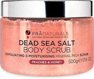 PraNaturals Dead Sea Salt with Peach & Honey Body Scrub 500G – Hydrating & Moisturising, With natural oils & minerals, Softening & nourishing, Sweet fruity fragrance, No Parabens, Vegan & Cruelty Free
