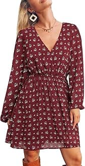 CUPSHE Women's Mini Dresses Casual Spring V Neck Chiffon Long Peasant Sleeves Flowy Autumn Dress