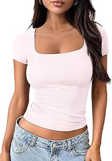 Double Lined Short Sleeve Tshirts for Women Square Neck Cute Crop Top Spring Summer Basic Tees Workout Going Out
