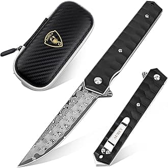 AUBEY Damascus Pocket Knife with Clip, Tanto Blade Damascus Steel Folding Knives for Men Tactical, Aluminum Handle with Glass Breaker for EDC Camping