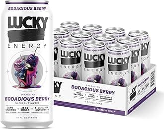 Lucky Energy Sugar Free Energy Drinks, Bodacious Berry, 16oz Cans (12-Pack) Healthy, Zero Sugar Energy Drink with Maca, Ginseng, Beta-Alanine, Taurine & 200mg Caffeine
