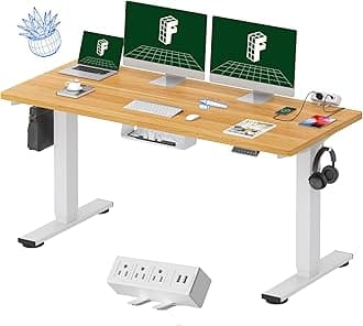 EN2 Whole-Piece Standing Desk with Clamp Power Strip, 60 x 24 Electric Stand Up Height Adjustable Desk with Cable Management (White Frame + 60" Maple Top, 2 Packages)