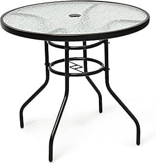 KOTEK 32'' Patio Table with Umbrella Hole, Outdoor Bistro Table w/Tempered Glass Top & Sturdy Metal Frame, Round Patio Dining Table Coffee Table for Garden, Balcony, Poolside