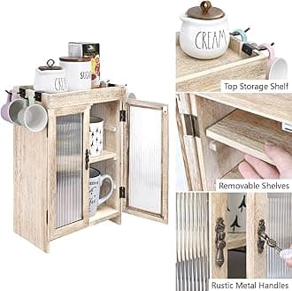 Ikee Design Wooden Countertop Storage Cabinet with Wavy Magnetic Door, Adjustable Shelves, Removable Hooks. Perfect for Perfume, Figurines, and Coffee Cups, Vintage White, 10.4 W x 6.1 D x 14.4 H in