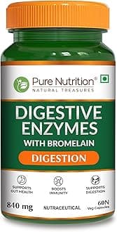 Pure Nutrition Digestive Enzymes 840mg with Bromelain - 60 Veg Capsules | Supports Digestion, Nutrient Absorption & Gut Health | Blend of Amylase, Lipase, Protease, Cellulase | Eases Gas & Bloating