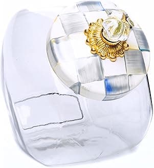 Cookie Jar with Enamel Lid, Large Glass Treat Jar or Kitchen Jar, 1-Gallon Capacity, Gray-and-White Sterling Check