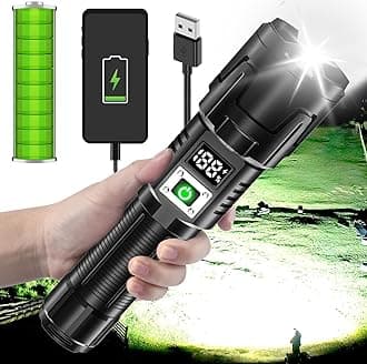 Rechargeable High Lumen LED Flashlight, 90,000 Lumens with Zoom, 3 Modes, IPX6 Water Resistant, Powerful Handheld Flashlight for Emergencies, Camping and Hiking