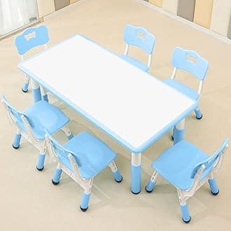 - Children's Table and Chair Set Suitable for Boys and Girls Age 2-12 Height Adjustable Table top Can be Painted with 6 Seats Suitable for Family Learning Daily use (Sky blueBlue)