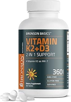 Bronson Vitamin K2 D3 (MK7) Supplement Non-GMO Formula Vitamin D3 5000IU (125 mcg) & 90 mcg K2 MK-7, Easy to Swallow D & K Complex, 360 Tablets