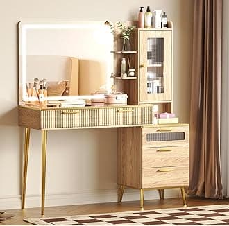 47.24" Big Modern Vanity Desk with Mirror and Lights, Vanity Desk with 29.53" HD Lighted Mirror, Makeup Vanity with 5 Drawers and Storage Shelves and Charging Station, Oak2