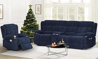 Recliner Sofa Set with Storage Console, Flip Middle Backrest Design 3 Seater Reclining Sofa and Single Recliner Chair, Manual Couches for Living Room (Blue, 3 Seat+Console+1)