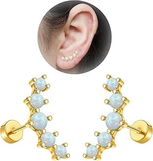 20G Cartilage Earrings for Women 14K Gold Stainless Steel Flat Back Cartilage Stud Earrings for Sensitive Ear Leaf Opal CZ Handmade Helix Conch Piercing Jewelry