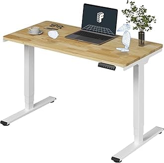 FLEXISPOT E6 Essential Solid Wood 3 Stages Dual Motor 48x24 Inch Electric Height Adjustable Standing Whole-Piece Board Rubber Wood Desk Sit Stand Up Desk (White Frame + Solid Wood Desktop)