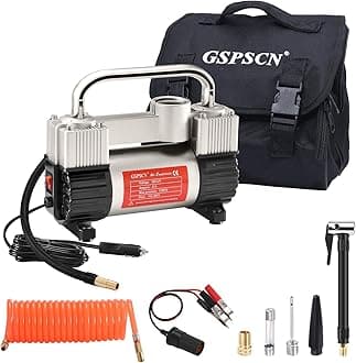 GSPSCN Silver Tire Inflator Heavy Duty Double Cylinders with Portable Bag, Metal 12V Air Compressor Pump 150PSI with Adapter for Car, Truck, SUV Tires, Dinghy, Air Bed etc