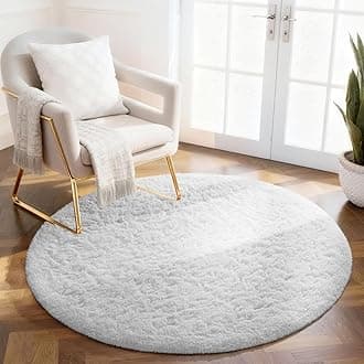 Ophanie White Round Rug 4Ft Circle Area Rug, Aesthetic Room Decor, Fluffy Fuzzy Bedroom Carpet, Plush Soft Shaggy Living Room Rugs for Kids Home Decor, Nursery