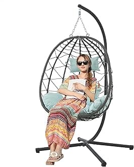 Indoor Outdoor Swing Chair Comfy Outdoor Wicker Egg Chair with Stand, Hanging Chair, Metal Frame and UV Resistant Cushion Patio Hanging Basket Chairs, for Patio, Bedroom, Garden (Gray2)