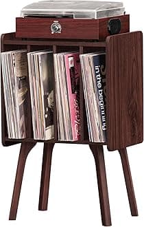 LELELINKY Small Record Player Stand - Width 11.7 in, Walnut Vinyl Record Storage Table with 4 Cabinet Up to 80 Albums, Vinyl Holder with Wood Legs,Turntable Stand Display Shelf for Bedroom Living Room