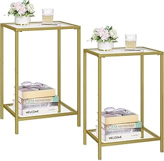 HOMSHO Side Tables Set of 2, End Tables with Tempered Glass, 2-Tier Nightstands with Storage Shelves, Coffee Table with Modern Style, Slim Sofa Table for Living Room, Bedroom, 11.8" D x 15" W, Gold