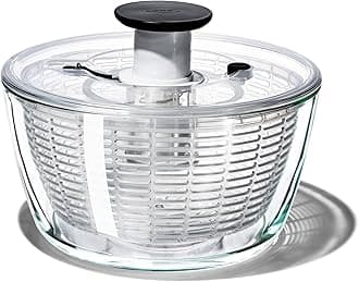 OXO Salad Spinner, Vegetable Colander, Glass Salad Spinner, For 4+ People, Prep Station, 10.7 x 10.7 x 6.3 inches (27.3 x 27.3 x 16 cm), Dishwasher and Dryer Safe (Low Temperature)