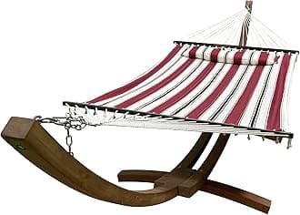 14 Ft. Wooden Arc Hammock Stand + Deluxe Quilted Double Padded Hammock Bed w/Pillow. 2 Person Bed. 450 LB Capacity(Teak Stain/Elegant Red Stripe)