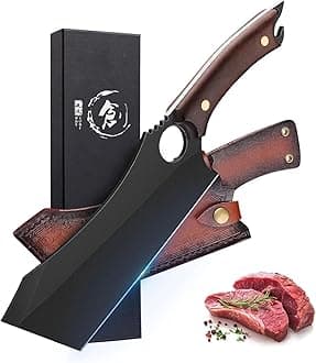 Dream Reach 10 inch Black Meat Cleaver, Boning Knife, Chef Chopping Butcher Cooking Knife, High Carbon Steel Sharp Kitchen Viking Knife with Sheath Gift Box Bottle Opener for Outdoor BBQ Camping