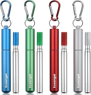 Ecoangel Cruise Ship Essentials,4-Pack reusable Collapsible Stainless Steel Drinking Straws with Aluminum Case,Cleaning Brush,and Keychains-Silver,Blue,Red,Green