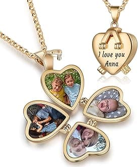 NobelookPersonalized Love Heart Locket Necklace That Holds 4 Photos Customizable Pendant Charms For Women Gold Plated Vintage Necklace for Mother Girls Christmas Birthday Gift Chain Length 31.49" Adjustable