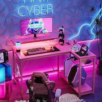 Bestier Pink Computer Desk with Power Outlets,42 LED Small Gaming Corner Desk with Reversible Storage Shelves,L Shaped Desk with Headset Hooks Studying and Workstation Desk for Office and Bedroom