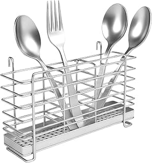 KESOL 304 Stainless Steel Utensil Drying Rack with Hooks & 3 Divided Compartments, Silverware Drying Basket, Spoon and Fork Organizer, Rustproof Kitchen Drainage Basket Accessories, Silver, 2x8.7x5