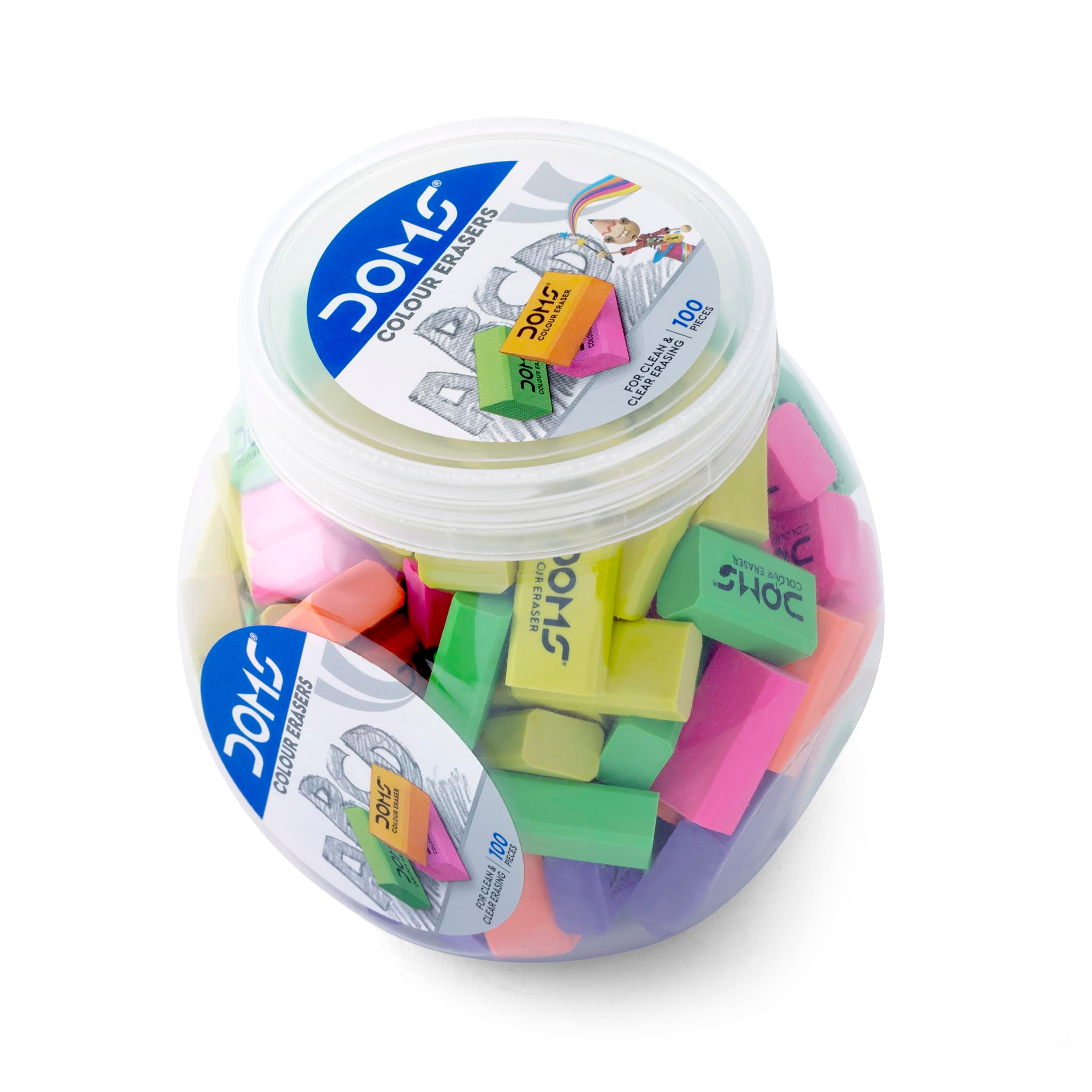 Color Erasers Jar Pack | For Clean & Clear Erasing | Dust Free, Non-Toxic & Safe For Kids | Lesser Flakes & Non Messy | Vibrant Body Colors | Pack of 100 Erasers