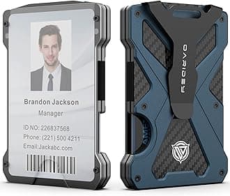 Minimalist Wallet for Men - Slim Aluminum Metal Money Clip Wallet, Clear ID Card Holder, Carbon Fiber Wallet, RFID Blocking, Holds 15 Cards with Cash Clip, Ultra Thin Tactical Wallet, Navy Blue