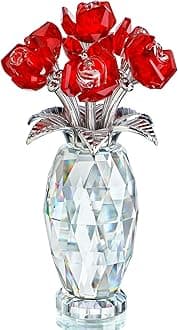 Red Crystal Rose Flower Paperweight with Base,Glass Flower Bouquet Gifts for Women Girlfriend Wife,Handmade Crystal Flower Collectible Home Table Decor ​for Valentine's Day Wedding Anniversary