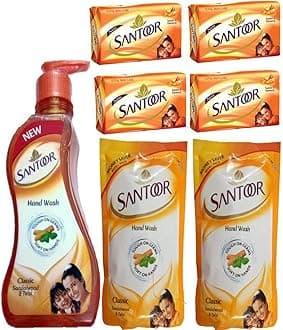 SANTOOR Soap Sandal and Turmeric+Handwash Classic Sandalwood & Tulsi PUMP (Set of 7)