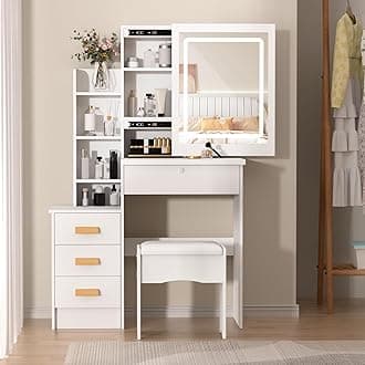 Dressing Table with Sliding Mirror & Adjustable LED Lights, Vanity Desk for Bedroom with 4 Drawers, 6 Shelves, Vanity Table with Hidden Storage, Includes Stool, White-A